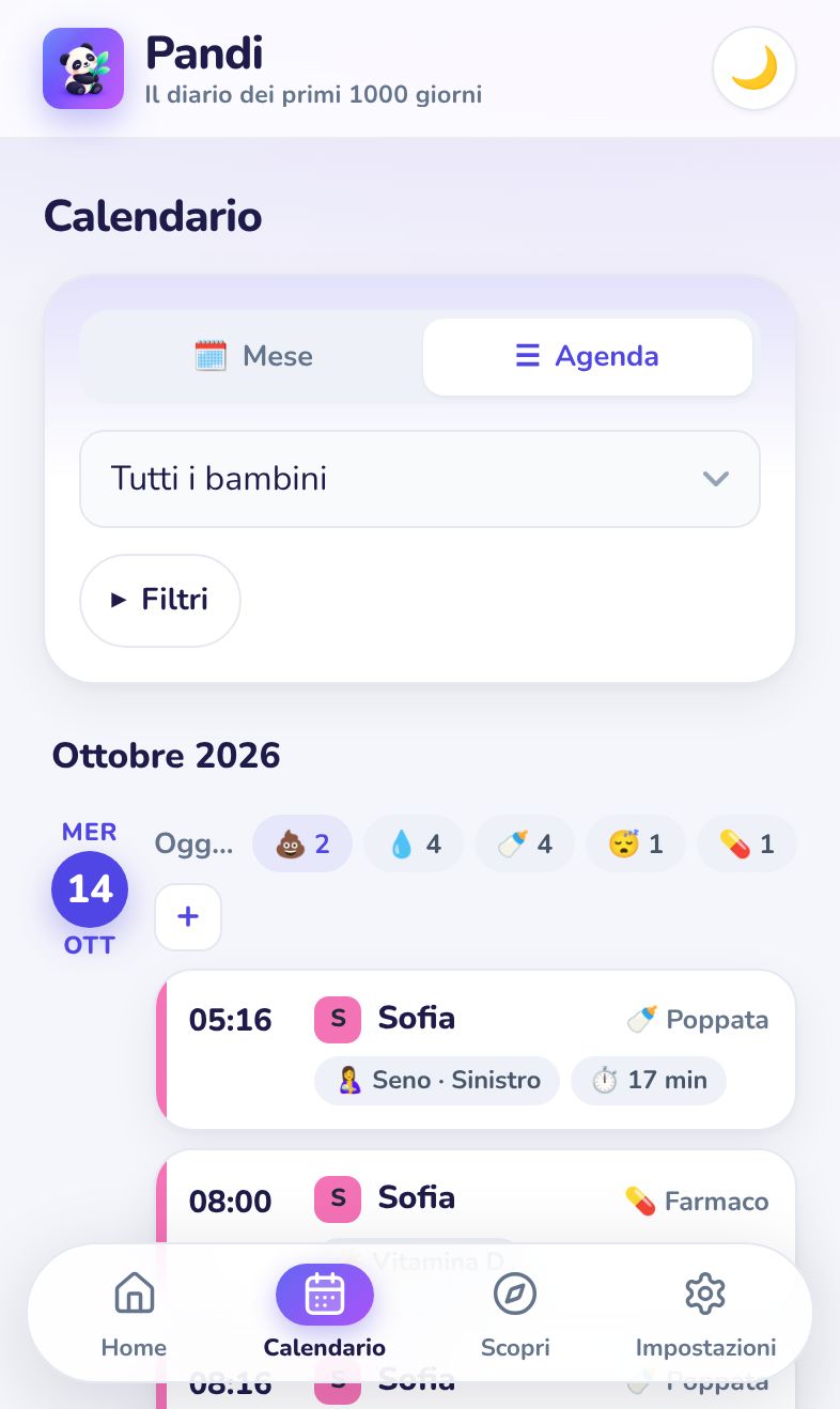Il calendario di Pandi in vista agenda con tutte le registrazioni