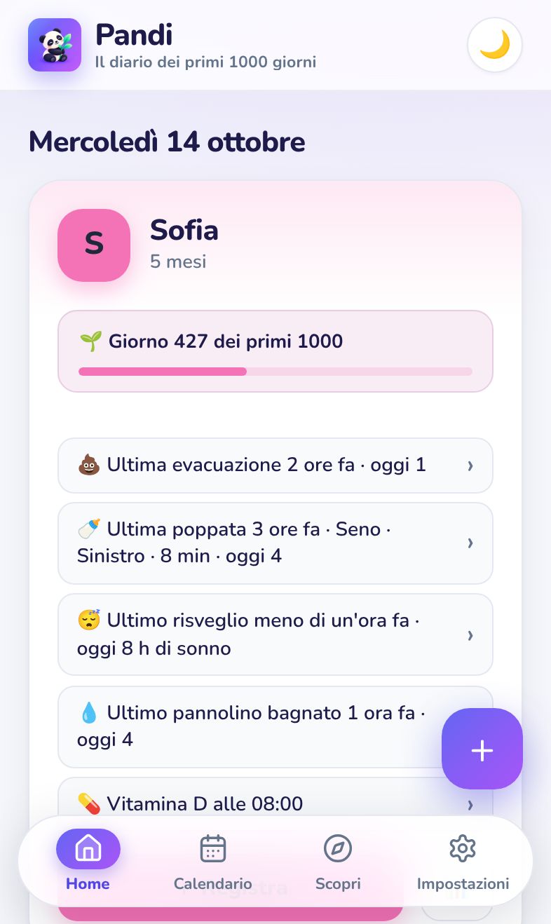 La schermata principale di Pandi con il riepilogo del bambino e il contatore dei primi 1000 giorni
